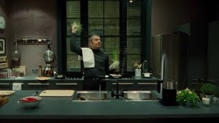 Johnny English (Mr. bean) cooking dinner for Rosamund Pike
