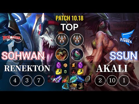 KT SoHwan Renekton vs AF SSUN Akali Top - KR Patch 10.18
