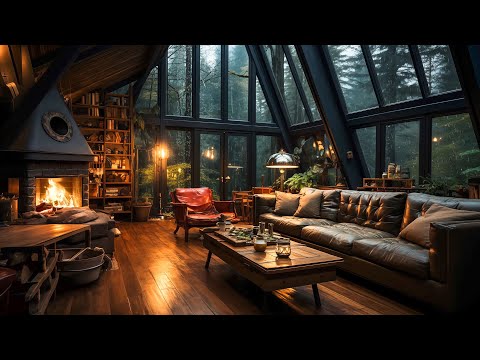 Rainy Day Serenity - Relaxing Jazz Music in a Cozy Forest Retreat | Fireplace Crackles & Gentle Rain