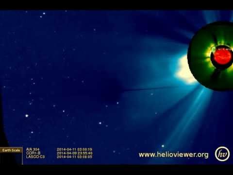 semi-visible planet...?...:::AIA 304, LASCO C3, COR1-B  (2014-04-10 02:39:31 - 2014-04-12 02:0