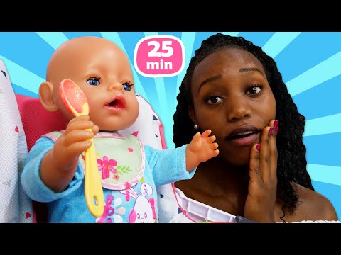 Baby doll's clothes are dirty! Baby Emily Doll tried to eat toy food by herself and got dirty.