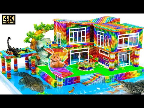 Build Crocodile Mansion House Water Slide And Swimming Pool From Magnetic Balls ( Satisfying )