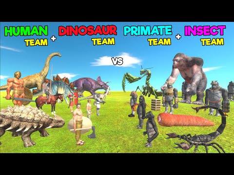 2 vs 2 Tournament Dinosaurs + Humans vs Primates + Insects - Animal Revolt Battle Simulator
