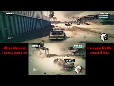 DiRT 3 - Delay behind car with 180ms ping when going 125kmh for Angel, Cyber - Explained [2160p60]