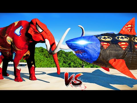 (Jurassic World Evolution🌍) BatSpiderman Megalodon Vs IronSpiderman Mammoth Dinosaurs Fight