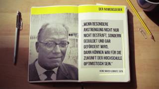 Videothumbnail des Jubiläumsfilms: aufgeschlagenes Notizbuch - links Foto von Heinz Maier-Leibnitz, rechts ein Zitat von ihm