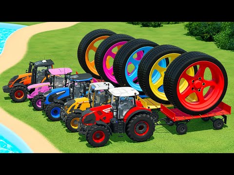 JOHN DEERE vs CLAAS vs FENDT vs LANDINI TRACTORS BATTLE WITH GIANT WHEELS - Farming Simulator 22