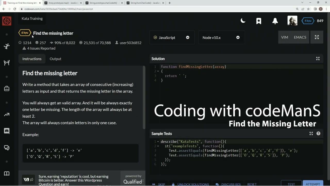 Codewars 6 kyu Find the Missing Letter Javascript