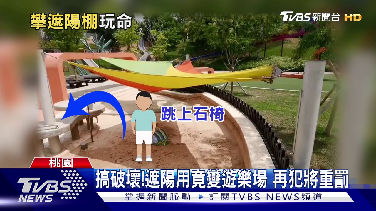 危險！童頑皮爬沙坑「遮陽棚」　蹦跳玩耍