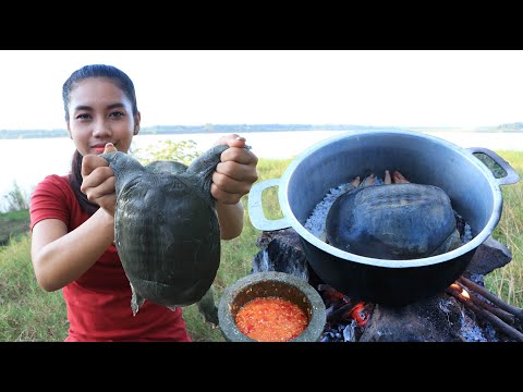 Amazing cooking turtle with chili sauce and green banana recipe - Amazing video