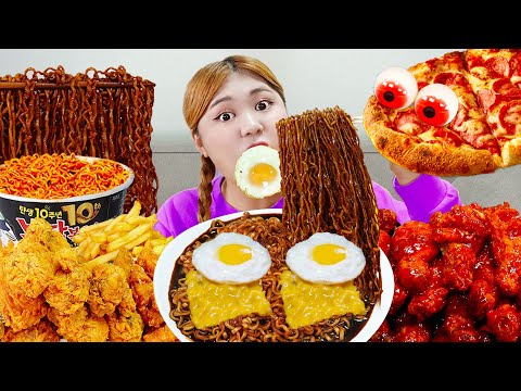 Mukbang BLACK BEAN NOODLES Spicy Fried Chicken and Buldak Convenience Store Food EATING by HIU 하이유