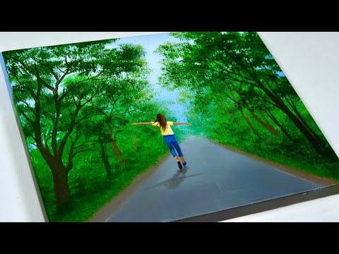 Forest Painting | Girl Walking In The Forest | Green Forest Acrylic Painting