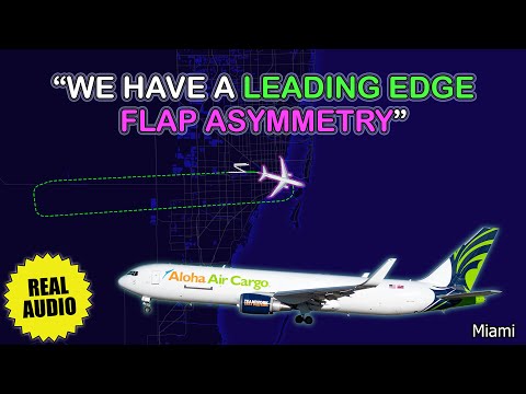 Leading edge flap asymmetry. Aloha Air Cargo Boeing 767 has problem over Miami. Real ATC