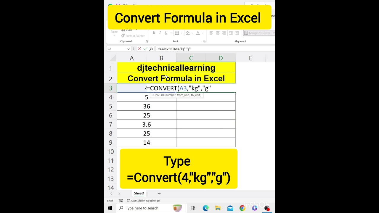 Convert Formula in Excel | Convert Function in Excel | #convert #convertformula #exceltutorial #tips