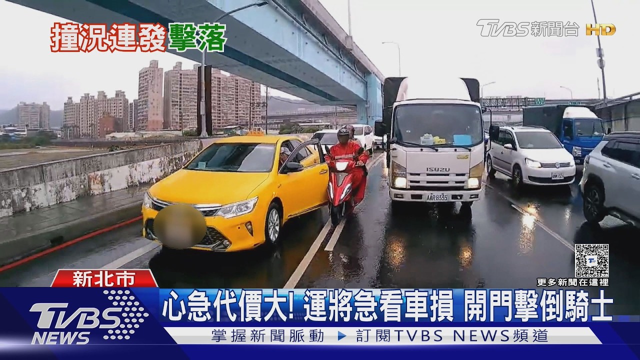 影音/計程車與貨車擦撞急下車 車門撞飛機車「騎士倒地」再吃罰單