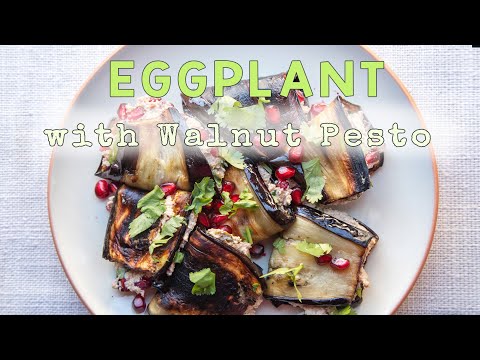 Georgian roasted eggplant with walnut pesto and pomegranate seeds, badrijani nigvzit