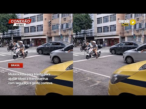 Vídeo: Motociclista para trâsito para ajudar idoso a travessar rua com seguraça e gesto comove.