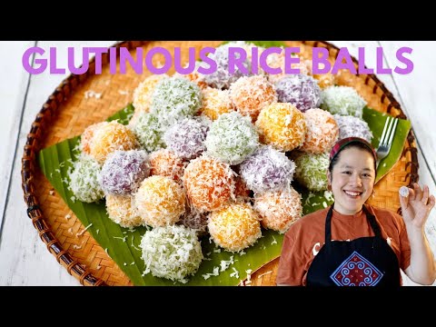 GLUTINOUS RICE BALLS: Filled w/ brown sugar-toasted sesame seeds & peanut. Coated w/grated coconut.