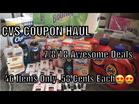 CVS Coupon Haul 7/8/18 46 items only .58 CENTS EACH! Free Tide, Bounty, Makeup!! Video