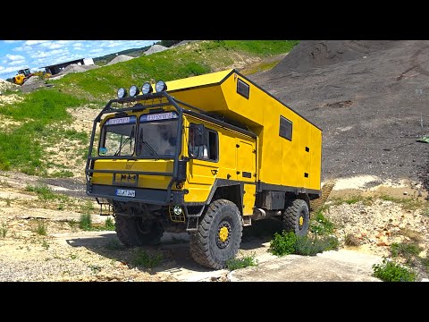 MAN KAT1 4x4 mit 8 -Zylinder Diesel extrem Wohnmobil testet die Praxis Offroad im Kieswerk 2025