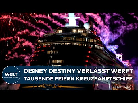 DISNEY DESTINY: Feuerwerk und Hunderte Schaulustige -  Kreuzfahrtschiff verlässt Werft in Papenburg