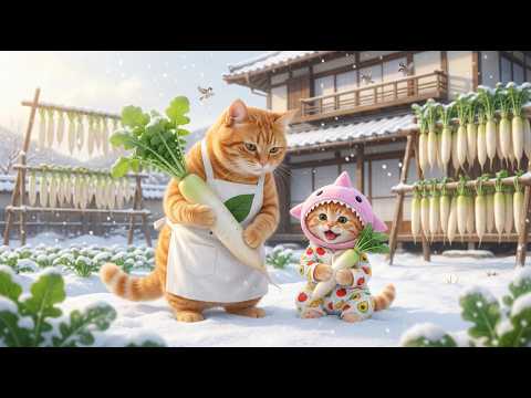 Mama Cat and Ginger Kitten Make Takuan During a Cozy Japanese Winter ❄️🐱🥕🍵