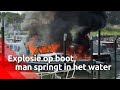 Explosie op boot in Waalwijk, man springt in het water