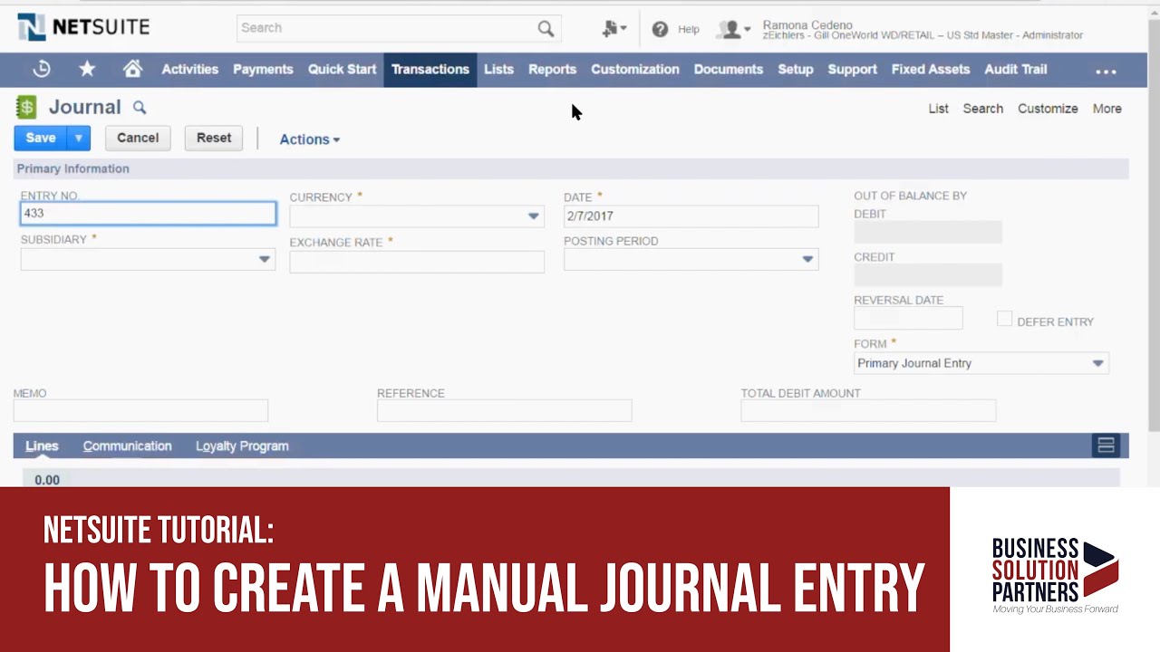 NetSuite Tutorial: How to Create a Manual Journal Entry