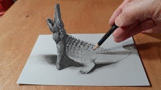 Смотреть онлайн Как нарисовать 3d крокодила карандашом и маркером