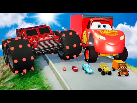 Big & Small Lightning McQueen Monster Wheels vs Pixar Cars with Big Wheels | BeamNG.Drive