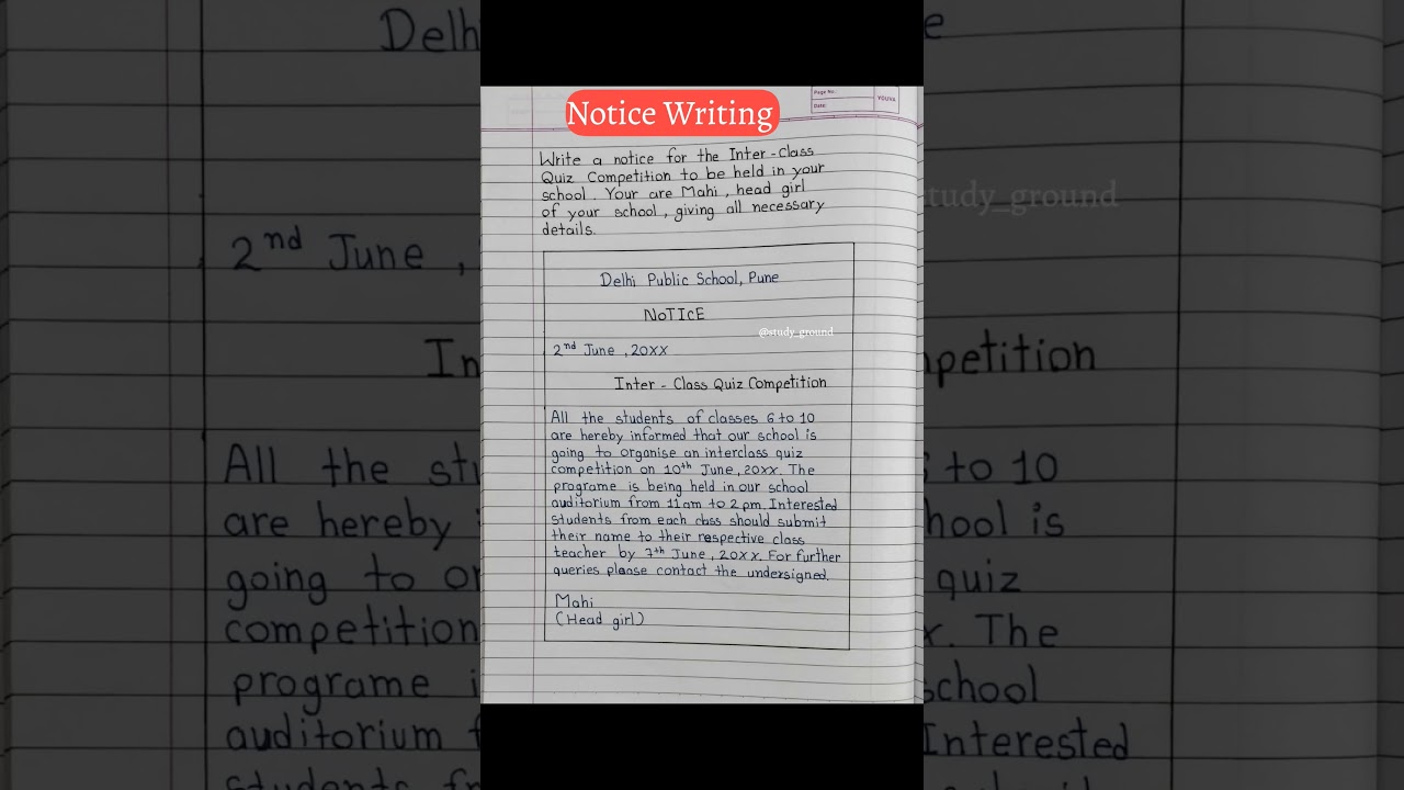 Notice writing l notice writing on quiz competition l notice writing class 6/7/8/9/10/11/12 in eng
