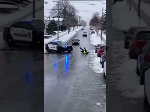 Officer Slips on Black Ice as Cars Slide Down Hill Into Parked Vehicles 🚓