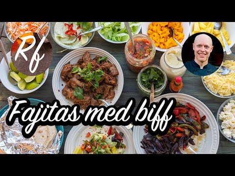 Fajitas med biff samt förslag på tillbehör. Marinerat biffkött som flankstek, ryggbiff eller entrecote i fajitakryddning som du kan steka eller grilla.>