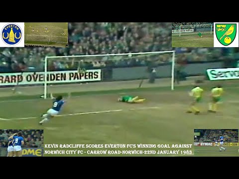 KEVIN RADCLIFFE SCORING EVERTON FC’S WINNING GOAL V NORWICH CITY FC – 22nd JANUARY 1983 – CARROW RD