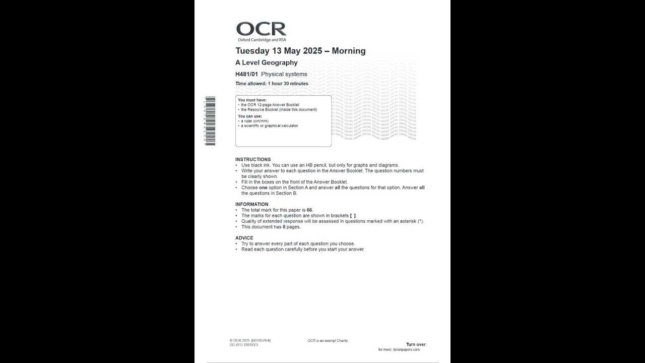OCR A LEVEL Geography Paper 1, 2 & 3 JUNE 2025 QUESTION PAPERS AND MARK SCHEMES