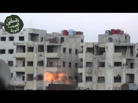 استهداف مواقع لقوات النظام في حي جوبر في مدينة دمشق بواسطة صاروخ محلي الصنع من قبل لواء هارون الرشيد