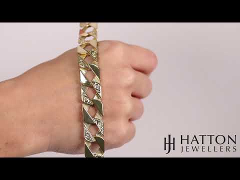 9ct Gold Solid Ornate Square Curb Bracelet - 14mm - B4