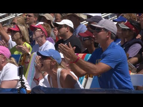 Sean McNamara, father of Nicole and Megan, gets mic'd up during NCAA beach volleyball final