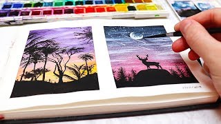 EASY WATERCOLOR PAINTING IDEAS FOR BEGINNERS! Watercolor Silhouette Paintings