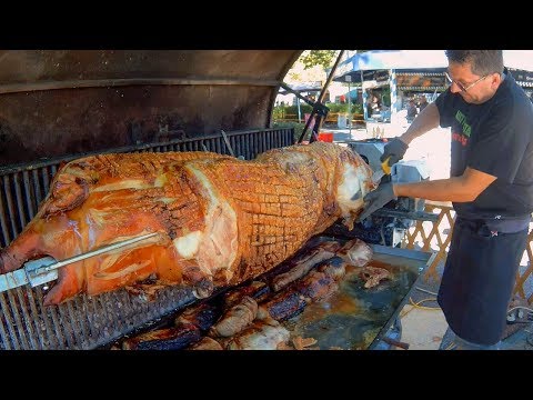 Whole Huge Pig Roasted and Cut. Austria Street Food