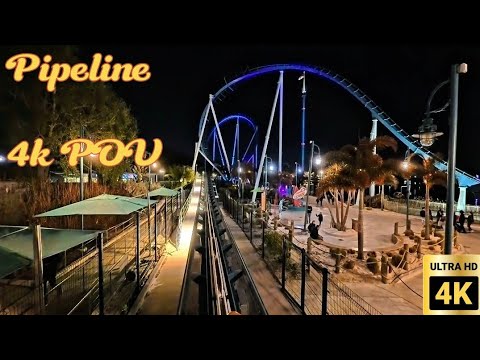 Pipeline 4K HD Night Ride POV World's Only Surf Coaster! SeaWorld Orlando Florida
