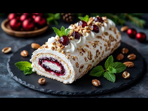 Günstige Weihnachts Baiserrolle | EINFACH & SUPER LECKER | Kirsch-Quark-Creme Rezept für Weihnachten