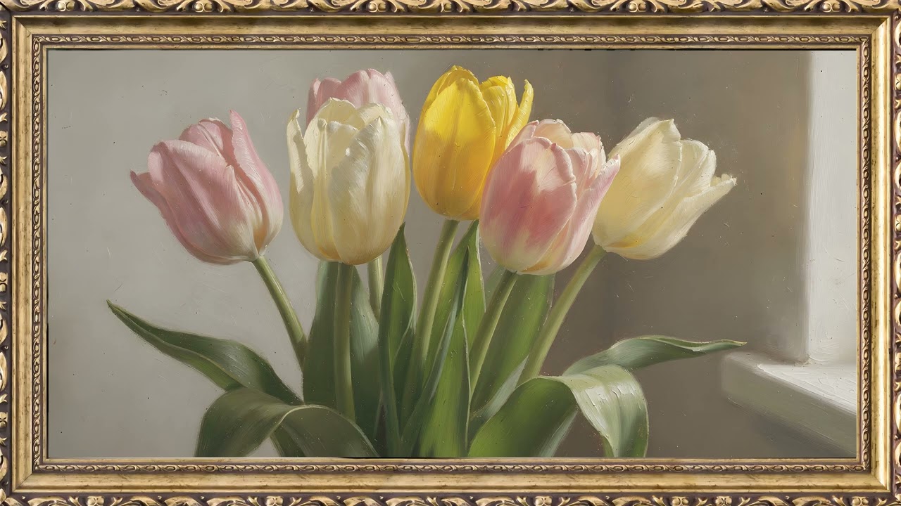 Spring Tulips in Bloom Gold Frame 🌷 Realistic Oil Painting | 4K Art for TV Display — 4K ambient art screensaver in baroque gold frame