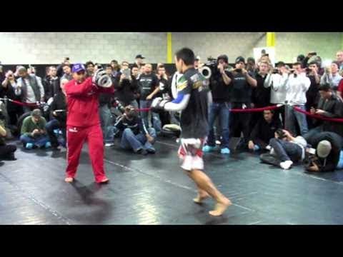 UFC 140: Lyoto Machida crane-kicking during open workout training for Jon Jones