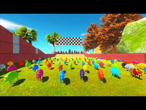 SPEED RACE DEADLY DINOSAURS TO EAT AN COLOR PIG FUNNY - Animal Revolt Battle Simulator