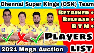 IPL 2021|CSK Team Retained,RTM Or Release Players List| Chennai Super Kings Team Mega Auction