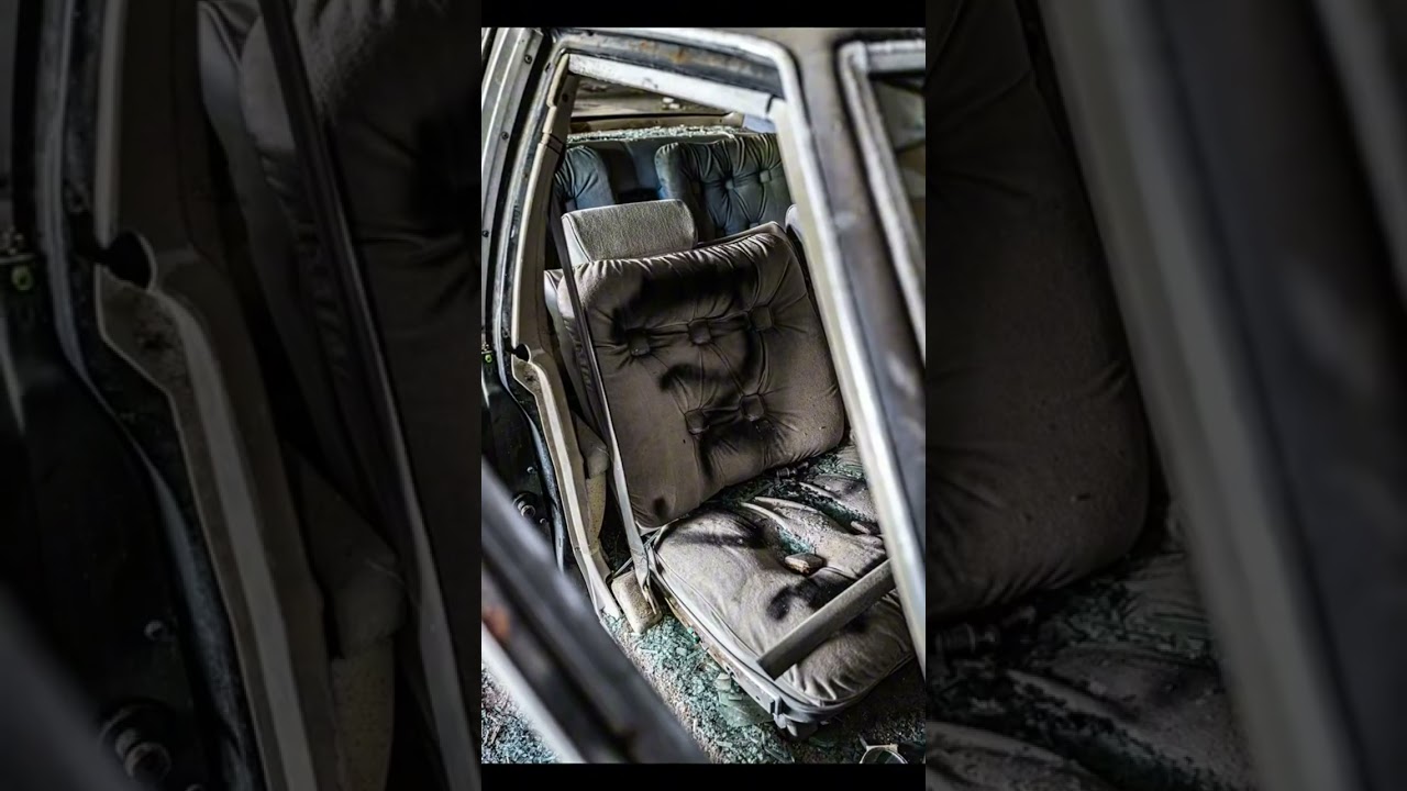 廃墟に突っ込んだまま放置されたアメ車