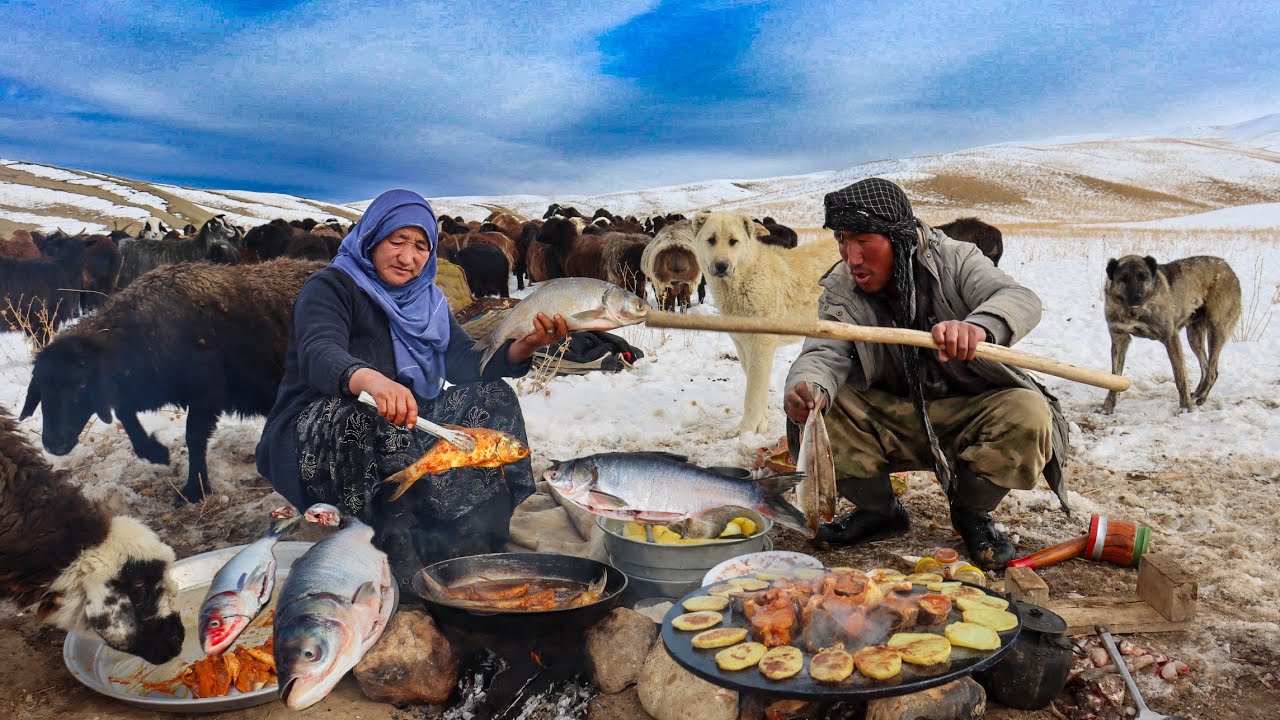 Surviving the Coldest Village in Afghanistan -63°C | Shepherd Mother Cooking Fish Curry Recipe