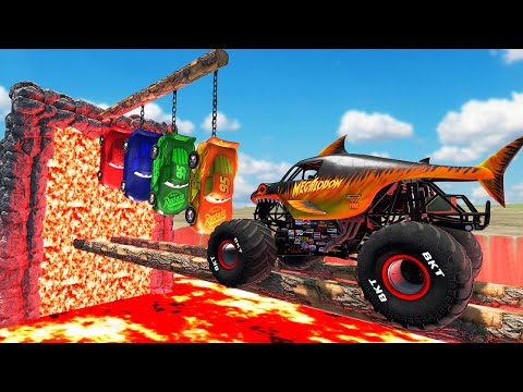 4 COLOR LIGHTNING MCQUEEN VS MONSTER SHARK TRUCKS WITH TOW MATER LAST FIGHT 😳