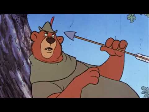 Disney’s Robin Hood 1973 trailer frame with Alan-a-Dale opening the storybook credits